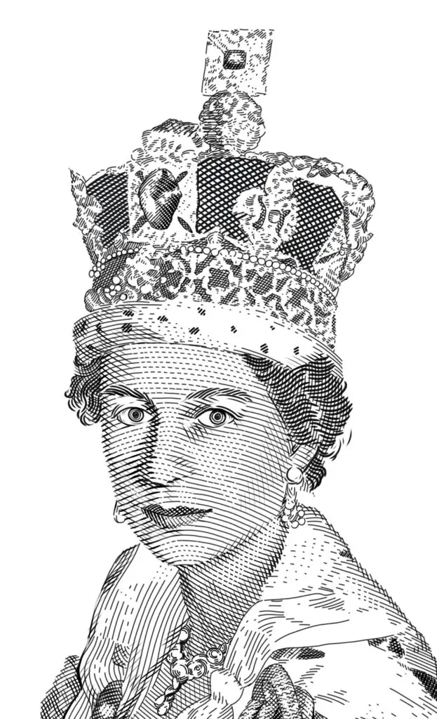 Cropped Portrait of Queen Elisabeth in Etching Style by Barry Davian